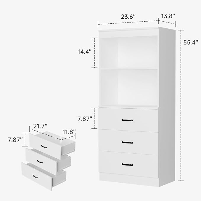 oneinmil 55.5" H 5-Tier Bookshelf with 3 Drawers, White Bookcase with 2-Tier Open Shelves, Tall Book Shelf with Storage Space, Wooden Storage Cabinet for Living Room, Bedroom, Office