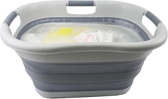 SAMMART 30L (7.9 Gallon) Collapsible Plastic Laundry Basket - Foldable Pop Up Storage Container/Organizer - Portable Washing Tub - Space Saving Hamper/Basket (1, Grey/Dark Grey)