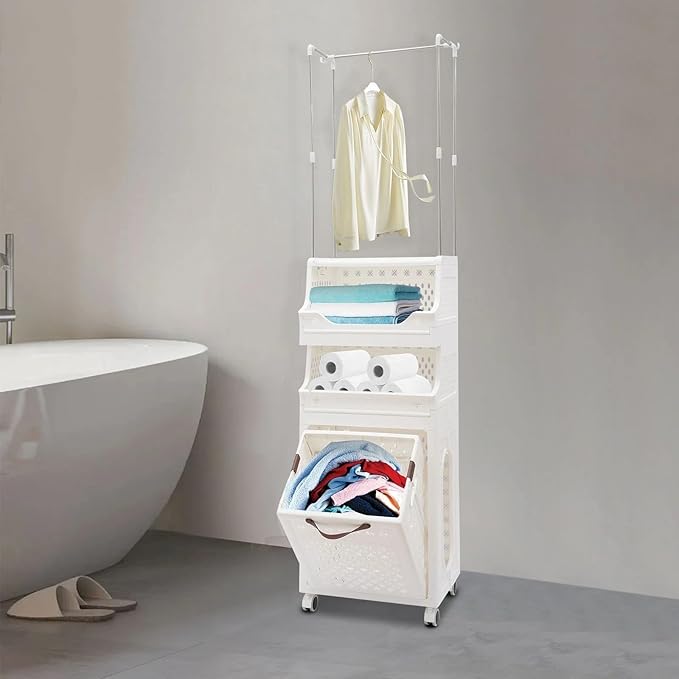 Laundry Hamper Cart, 4 Tiers Laundry Hamper Trolley, Laundry Basket, Rolling Laundry Organizer with Hanging Rack, Storage Basket with Wheels for Laundry Room