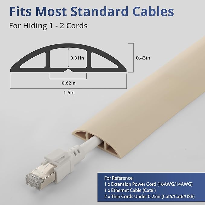 ZhiYo 3.6ft Cord Covers for Wires on Floor, Cord Hider Floor Hide Extension Cords, Soft PVC Cable Cover Cable Protector, Wire Cavity W0.62in H0.31in, Beige