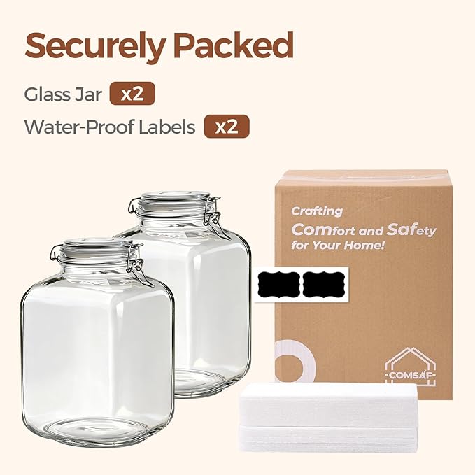 ComSaf 1.1 Gallon Glass Jar with Lid, Flour Sugar Storage Containers 4L, Cereal containers storage, Glass Jars with Airtight Lid, Large Storage Containers with Lids for Pickled Egg, Herb, Set of 2