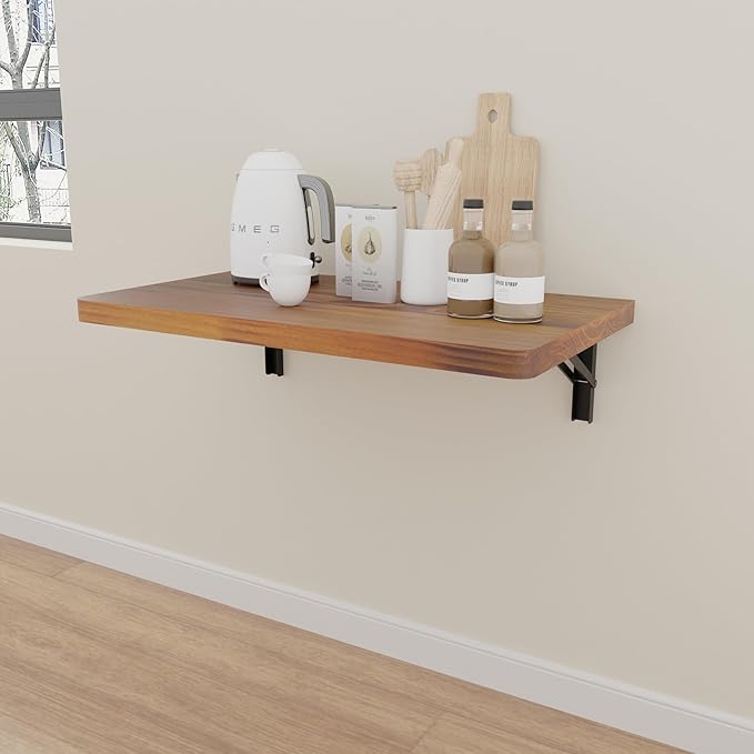 IAE Wall Mounted Folding Table with Pine Wood,24" x 14" Floating Wall Desk,Laundry Folding Table with Shelf Brackets,Fold Down Desk Shelf,Folding Workbench for Home,Dining,Laundry Room,Kitchen,Teak
