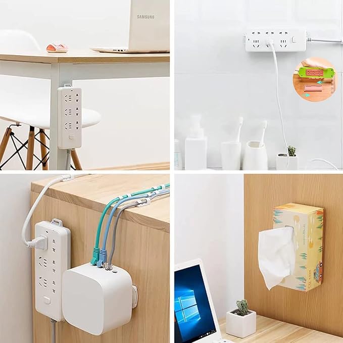 CHNLML 12PCS Power Strip Holder, Adhesive Punch-Free Socket Holder, Self Adhesive Socket Desktop Fixer, Socket Holder Wall Mount and 12 Cable Clips