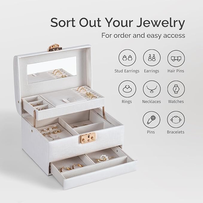 CASEGRACE Jewelry Box,3 Layers Leather Jewelry Storage Box with Lock, Mirror,Jewelry Storage Case for Necklaces Earrings Bracelets and Rings