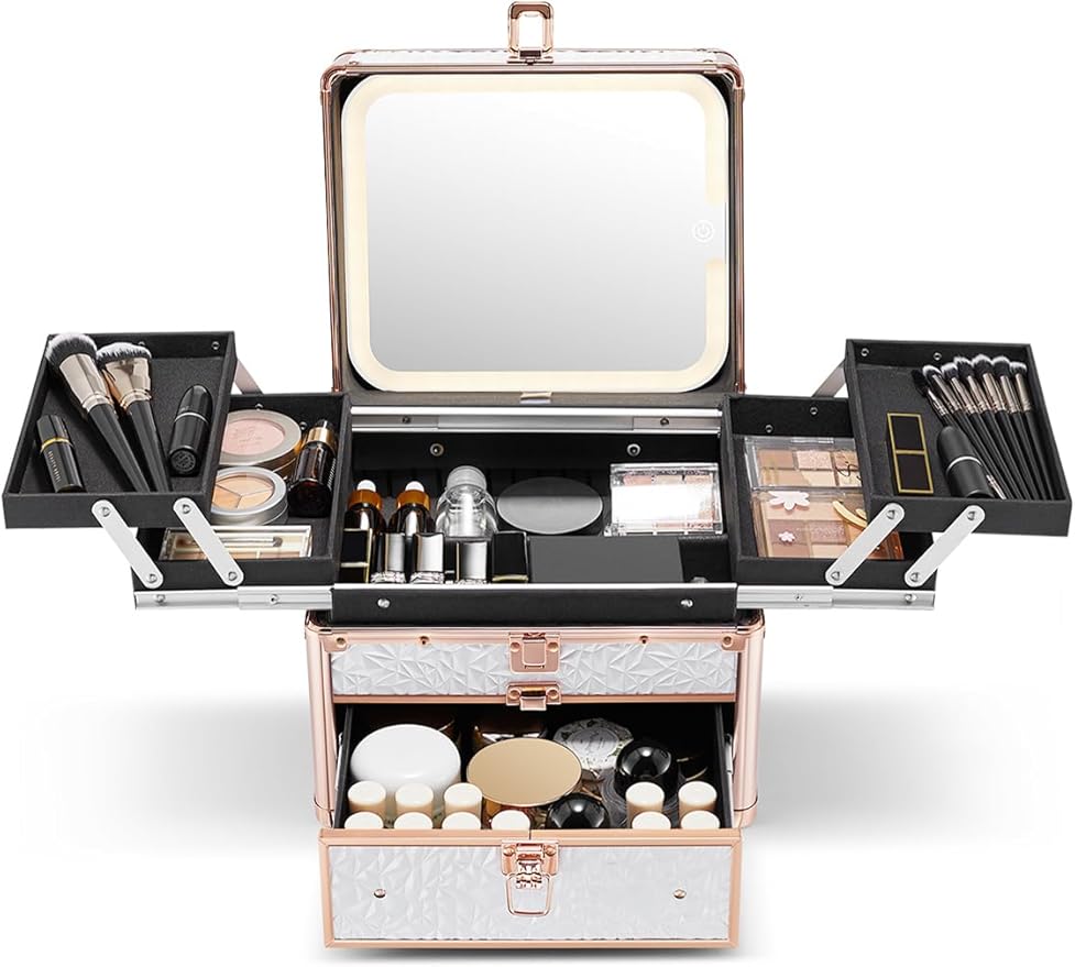 Qislee Makeup Box with Drawer and Four Trays, A Detachable Lighted Mirror, Waterproof Travel Train Case, Cosmetic Organizer and Makeup Suitcase with Magnetic LED Mirror(Bright White)