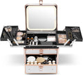 Qislee Makeup Box with Drawer and Four Trays, A Detachable Lighted Mirror, Waterproof Travel Train Case, Cosmetic Organizer and Makeup Suitcase with Magnetic LED Mirror(Bright White)