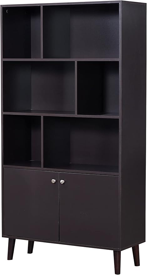 67 in Bookcase with Doors, 3-Tier Bookshelf Farmhouse Bookcases Wooden Deep Bookshelves Storage Cabinet Organizer for Living Room, Study, Kitchen, Home Office,Coffee