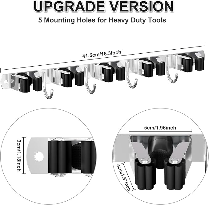 Broom Holder Wall Mount, Broom Organizer Wall Mount Stainless Steel Broom and Mop Hanger Heavy Duty Storage Organization for Home Kitchen Garden Garage Room 5 Racks 4 Hooks