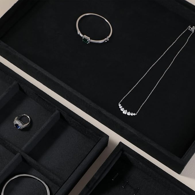 Velvet Stackable Jewelry Display Flat Tray For Ring Earring Necklace Bracelet, Bangle Pendant Storage Blank Plate, Shop Countertop Jewelry Dish Organizer (Black)