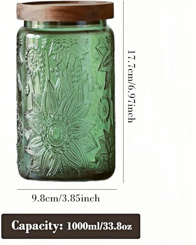 Vintage Glass Storage Jar with Solid Wood Lid - Sunflower Design Kitchen Canister for Coffee, Candy, Laundry Detergent - Cute Food Storage Jar (Green, 34 Ounces)
