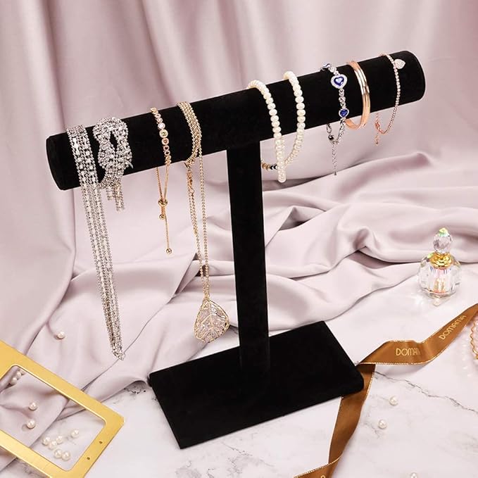 Barelove Jewelry Stand Display 1 Tier, Black Velvet T-Bar Bracelet Watch Bangle Necklace Holder for Organization Showcase or Store Display