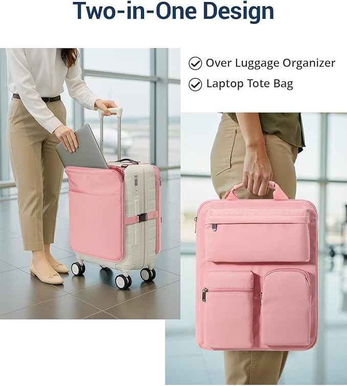 Over Luggage Organizer Bag for Suitcase with Multi Pockets, 16” Laptop Bag with Handle,Portable Travel Organizer Bags for Luggage with Adjustable Straps,Tote Carry Bag for Women Men(Pink)