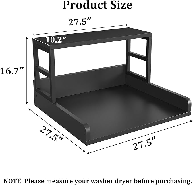 Washer Dryer Countertop with Shelf, 27.5″D x 27.5″W x 16.7″H, Countertop for Washer and Dryer Top with Non-Slip Pads and Edge Rails, Laundry Room Storage and Organization(Black)