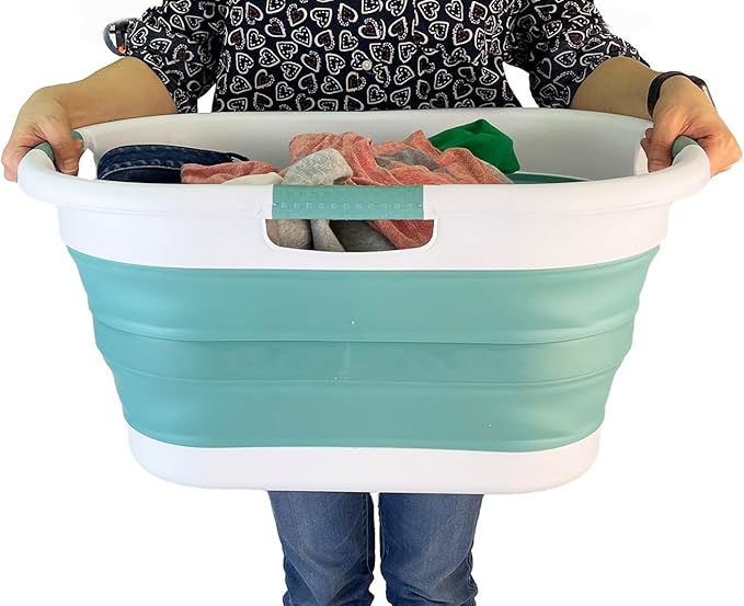 SAMMART 40L (10.5 gallon) Collapsible Plastic Laundry Basket - Foldable Storage Container- Portable Washing Tub - Space Saving Hamper (1, White/Celadon Green)
