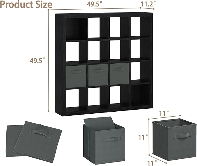 furtble Bookshelf with Storage Bins, 16-Cube Storage Organizer with Back Panels, Modern Wood Open Bookcase, Multifunctional Display Shelf for Living Room, Bedroom, Home Office, Black