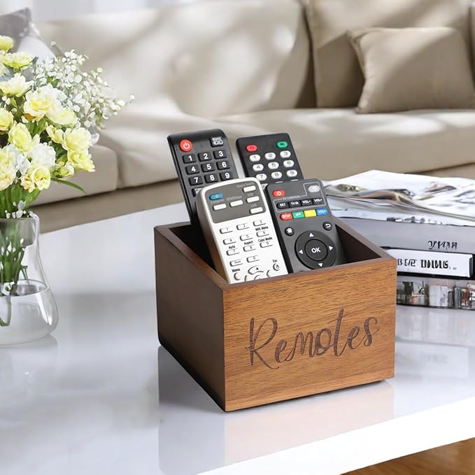Acacia Wood Remote Control Holder Caddy, TV Organizer for Table, Vintage Farmhouse Desk Caddy (Brown for 3+ Controls)