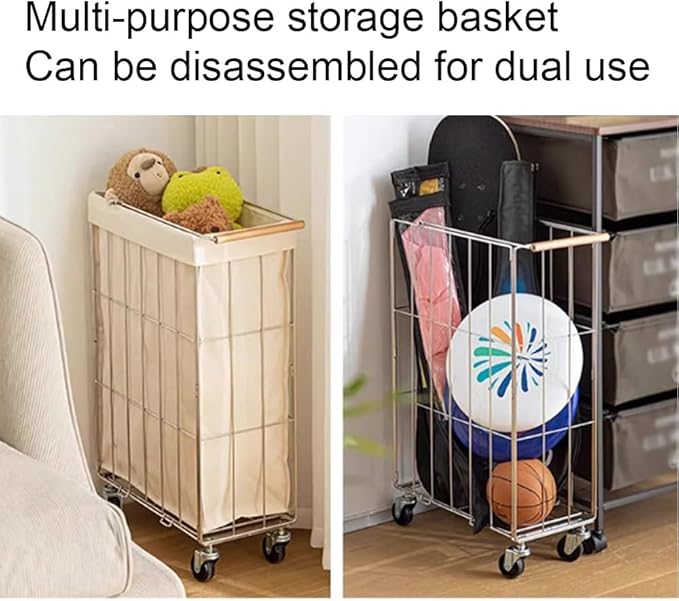 Rolling Laundry Cart with Baskets, Stainless Steel Hamper with Wheels, Slim Laundry Basket Organizer, Foldable Rolling Hamper for Bathroom and Living Room