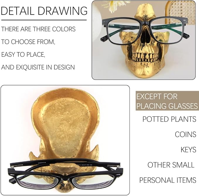 Mrlikale Skull Glasses Stand Holder, Creative Eyeglasses Holder, Sunglasses Spectacle Display Rack, Key Holder Resin Sculptures for Entryway, Home, Office, Desk, Nightstand (Gold)