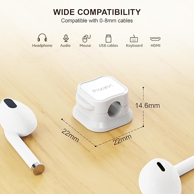 8 Pack Magnetic Cable Clip Organizer Cord Holder, Picozon Adhesive Cable Management, Wire Phone USB Charger Cable Holder, Keeper Organizer for Office Home Desktop Table - White
