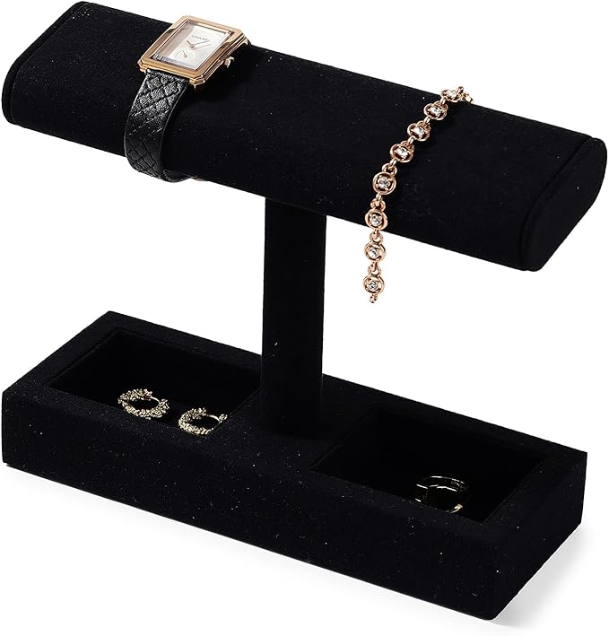 Oirlv Microfiber T-Bar Watch Display Stand Jewelry Display Props Jewelry Organizer Holder for Watch Bracelet Ring Earrings (Black,Microfiber)