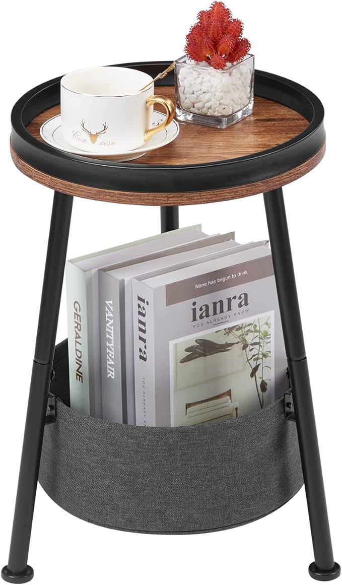 Round End Table, Round Side Table with Storage Basket,11.8*17.8”Round Sofa Table,Small Round Table,Small Coffee Table Living Room Bedroom