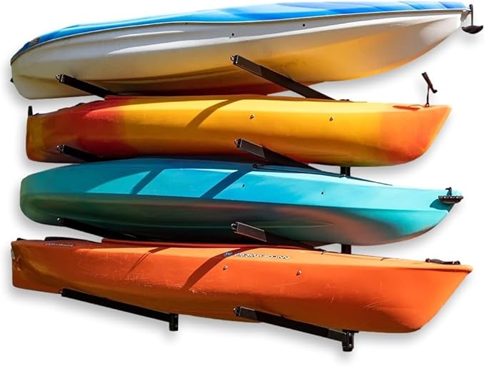 StoreYourBoard G-Kayak Wall Rack – Heavy-Duty Outdoor Kayak Rack for 4 Boats, Adjustable Storage Wall Mount Hanger, Space-Saving Outdoor Storage for Kayak Wall Mount - Holds 400 lbs - Silver