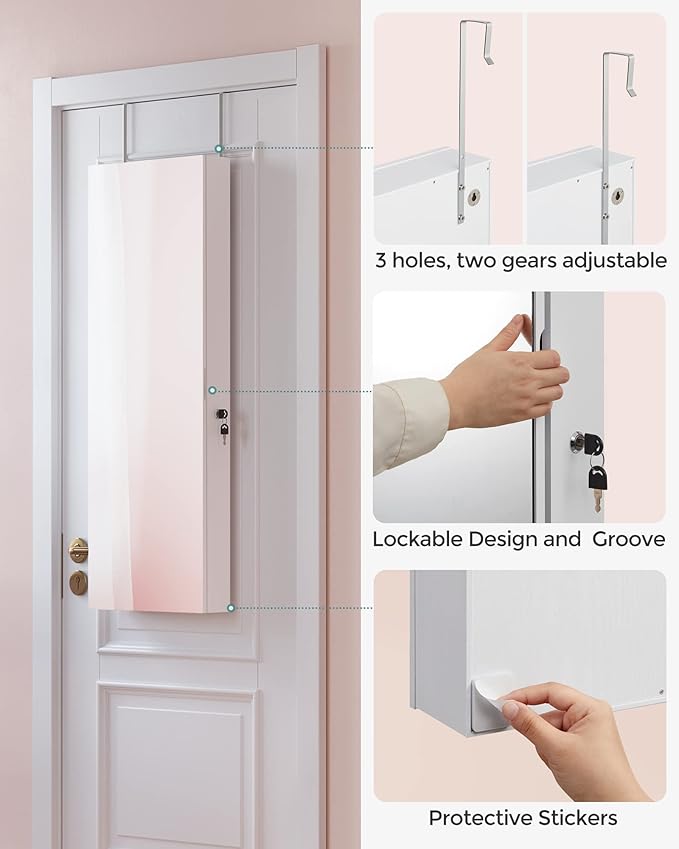 SONGMICS Mirror Jewelry Cabinet Armoire Organizer, Wall or Door Mount Storage Cabinet with Full-Length Frameless Lighted Mirror, Built-in Makeup Mirror, 2 Drawers, Lockable, Christmas Gift, White