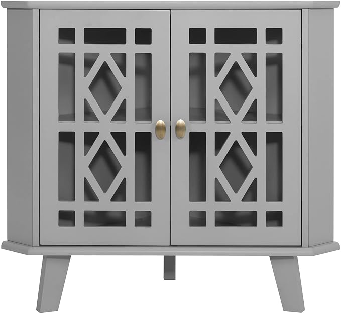 Scurrty 32'' Corner Shelf Stand, Small Corner Table Sideboard Cabinet with 2 Doors and 2-Tier Shelves, Free-Standing Corner Storage Organizer for Living Room, Dining Room & Bathroom (Grey)