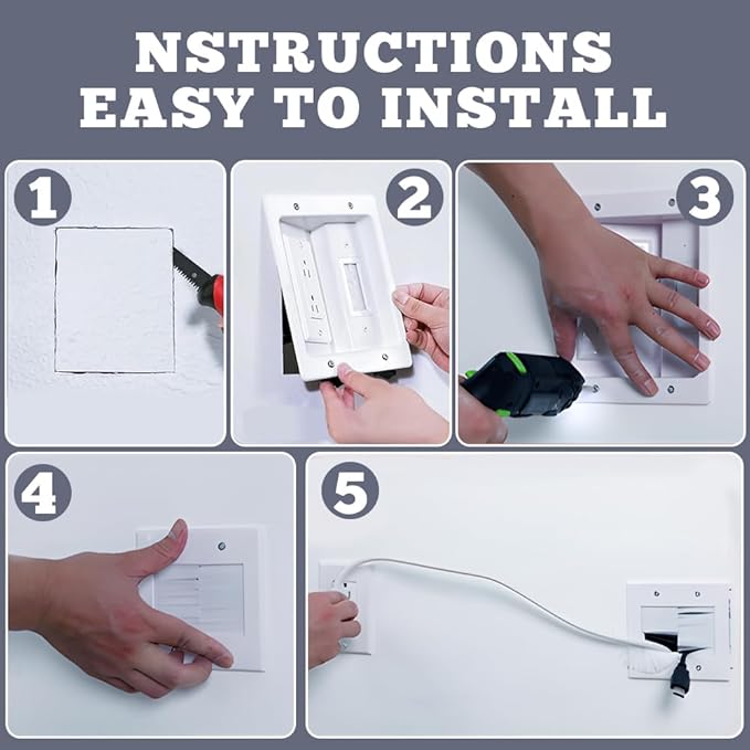 Recessed Outlet Box,in Wall Cable Concealer Kit with Brush Wall Plate、Socket、Electrical Box，9ft Cord– Easy, Safe Cable Management for Organized TV and Home Theater Systems