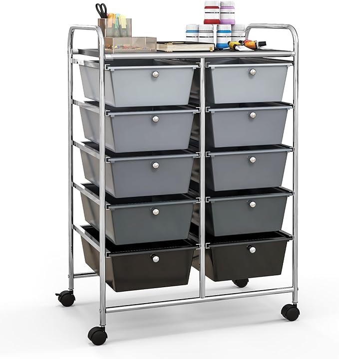 Giantex 10 Drawers Rolling Cart, Classroom Organizers, Storage Cart with Wheels, for Teacher Office Home School Supplies Tool Craft Art Paper, Black Gradient