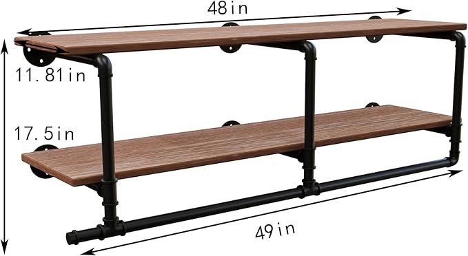 Clothes Rack 48in, Wall Mounted Garment Rack with Real Wood Shelf, Heavy Duty Hanging Clothes Rack, Multi-Purpose Hanging Rod, Space-Saving Closet Storage (2T48IN)