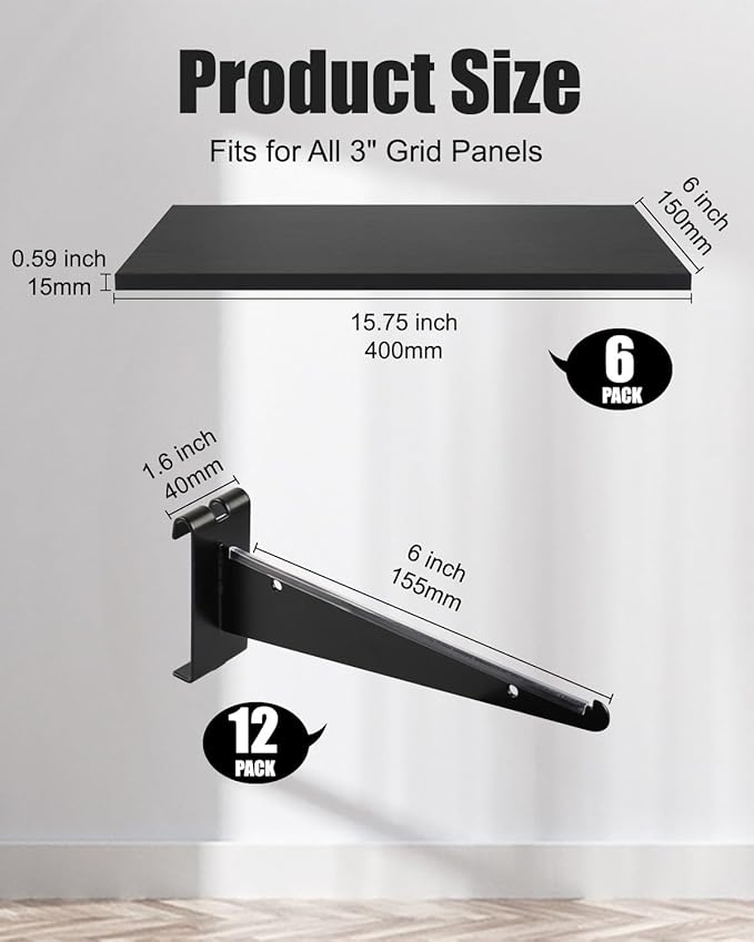 6 Pack GridWall Shelves with Metal Brackets, 16"x 6" Wooden Grid Wall Shelf Heavy Duty Organizer Accessories for Garage Home Visualizer Workbench and Bitchenette