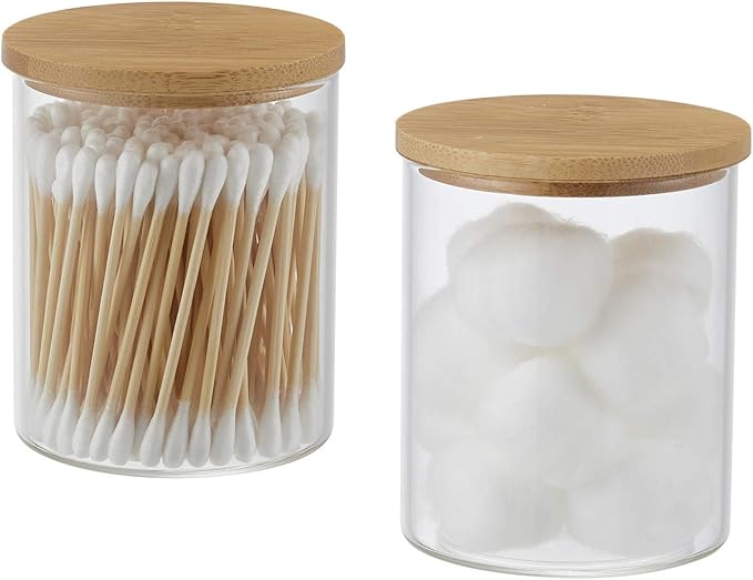 Qtip Holder With Vanity Tray, Glass Apothecary Jars With Lids for Bathroom, Cotton Ball Swab Pad Rounds Holder Canister Jars for Restroom Decorations and Organizer
