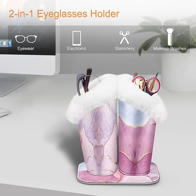 Fintie Plush Lined Double Eyeglasses Holder with Magnetic Base, Glasses Stand Case Organizer for Desk, Nightstand, Office, Glittering Marble
