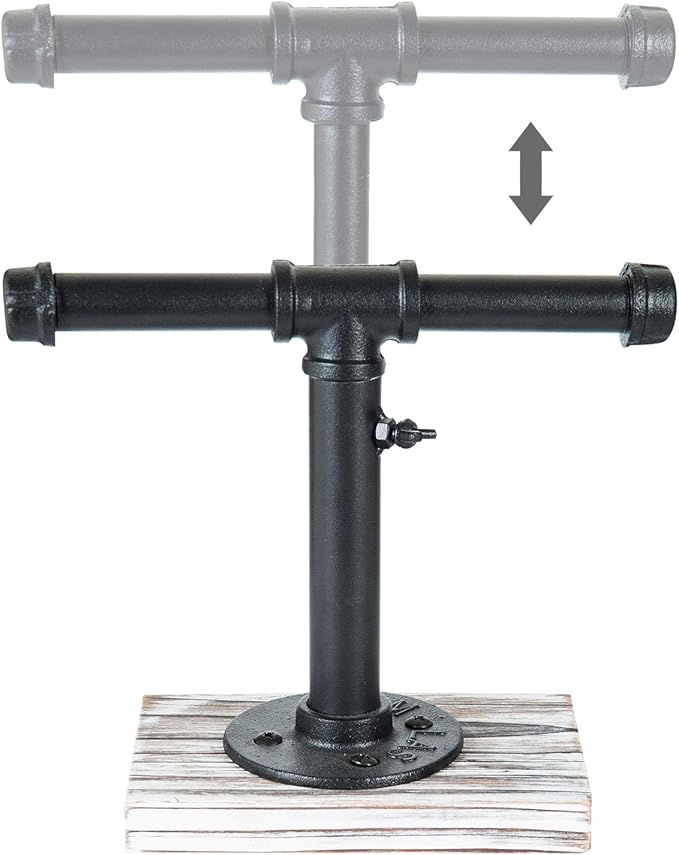 MyGift Industrial Pipe Black Metal T-Bar Adjustable Height Jewelry, Bracelet & Necklace Display Stand with Torched Wood Base
