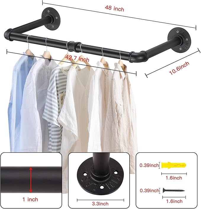 Wall Mounted Clothes Rack - 48" Clothing Garment Rack, Space-Saving Heavy Duty Detachable Iron Clothes Hanger Pole, Multi-Purpose Hanging Rod for Closet Storage