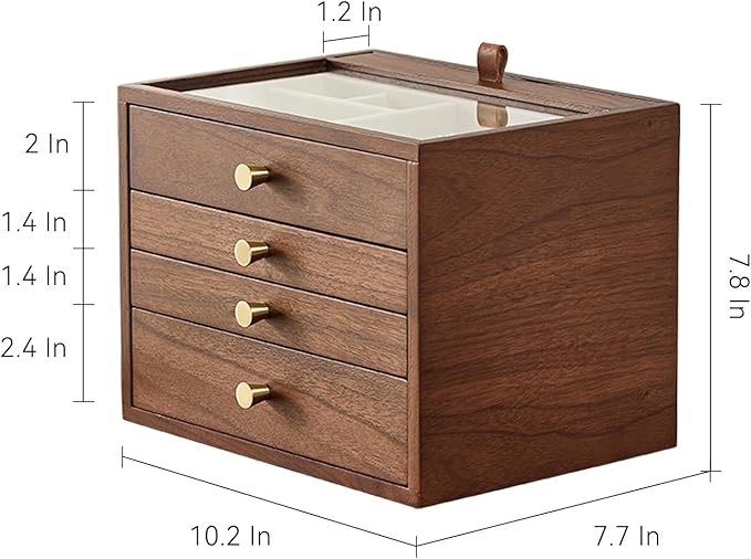 CHOSIN Black Walnut Wooden Jewelry Box for Women, Wood Jewelry Organizer 4 Layer with Glass Lid and Pull-out Necklace Storage Layer, for Watch Necklace Ring Earring Storage Christmas Gifts