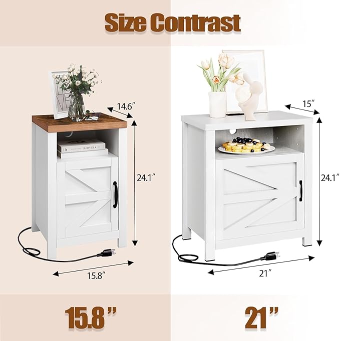 Farmhouse Nightstand with Charging Station, Couch Side Table Set of 2, Bedside Table with Storage Space, End Tables with Barn Door, Bed Side Tables for Living Room and Bedroom, White