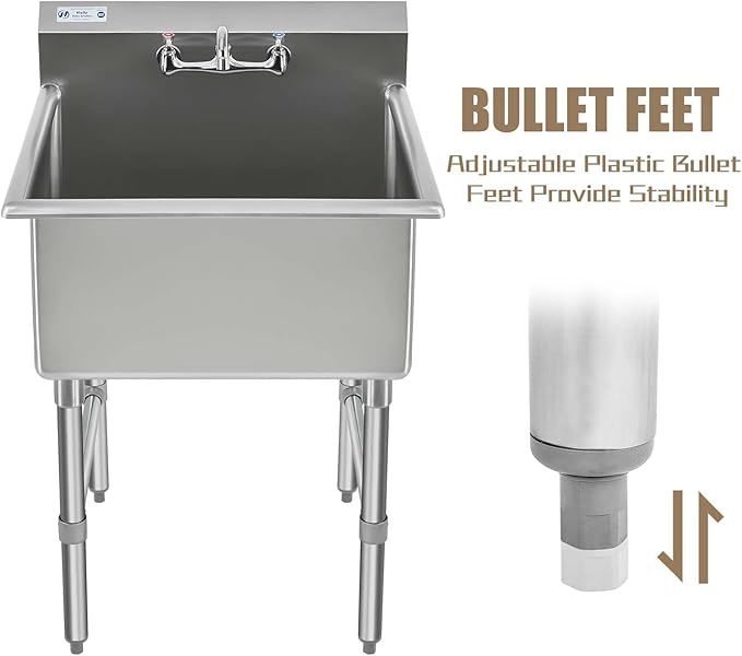 HALLY Commercial Stainless Steel Sink 1 Compartment NSF Prep & Utility Sink with 8" Faucet 18" L x 18" W x 12" D Bowl for Bar, Restaurant, Kitchen, Hotel and Home
