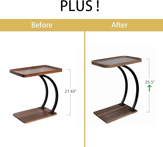 C Shaped end Table,2tier Large Tray Wood top,Easy Install Heavy Duty Side Table,TV Tray for Couch Sofa