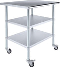 AmGood Stainless Steel Work Table with 2 Shelves and Casters | Metal Utility Table On Wheels (Stainless Steel Work Table with 2 Shelves + Casters, 36" Long x 30" Deep)