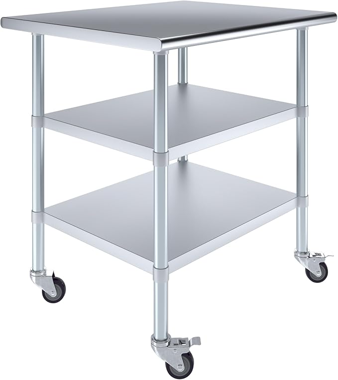 AmGood Stainless Steel Work Table with 2 Shelves and Casters | Metal Utility Table On Wheels (Stainless Steel Work Table with 2 Shelves + Casters, 36" Long x 30" Deep)