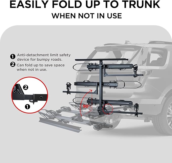 RokRack T One Foldable 3-Ebike Rack with Ramp, 250 lbs Capacity, Hitch Mount Electric Bike Rack, Fits up to 5" Fat Tire Width and 50" Wheelbase, Ebike Carrier Rack for 2" Receiver for Cars SUVs Vans