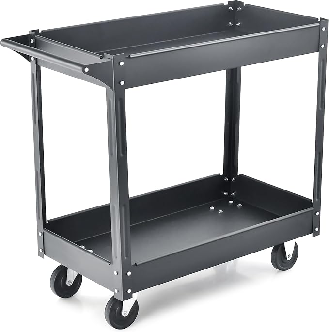 Goplus 2-Tier Utility Cart, Heavy Duty Commercial Service Tool Cart w/Handle, 550 lbs Max Support, Rolling Mechanic Metal Tool Cart Storage Organizer for Home, Garage, Warehouse