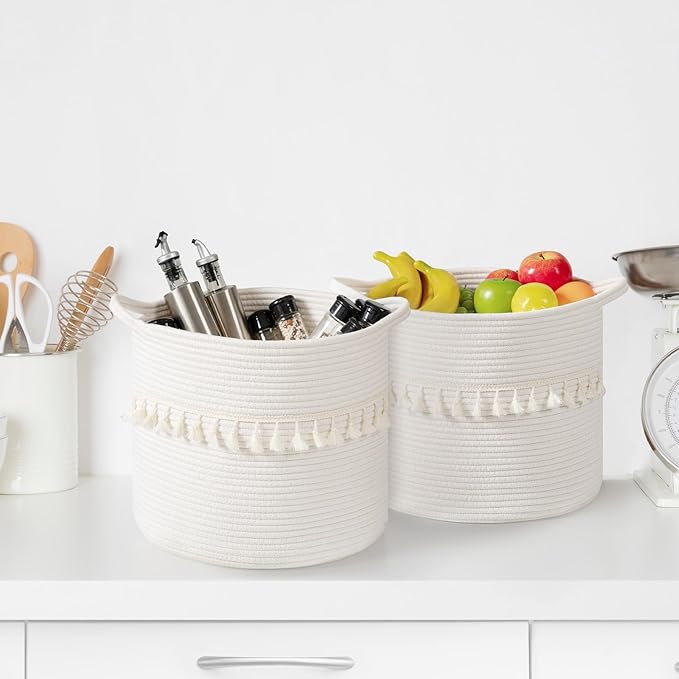 danpinera 3 Pack White Storage Baskets, 11"x11" Soft Woven Baskets for Storage and Decor in Bedroom, Nursery, Closet, Small Round Rope Baskets for Shelves, Decorative Storage Basket