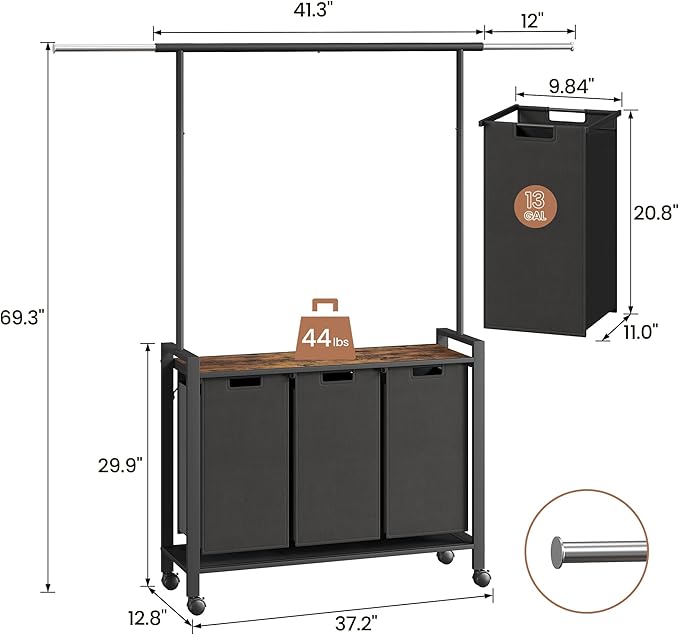 IDEALHOUSE Laundry Sorter, Rolling Laundry Hamper with Hanging Rack, Laundry Hamper 3-Section with Wheels, Hampers for Laundry, Laundry Basket Organizer for Laundry Room, Rustic Brown