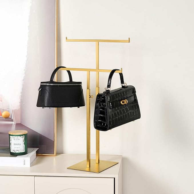 Purse Display Stand Jewelry Towers, Double T-Shaped Tabletop Stainless Steel Hook Hanging Adjustable Height Handbag Holder for Organizer Luxury Bags Necklaces Home Store Boutique Retail Closet