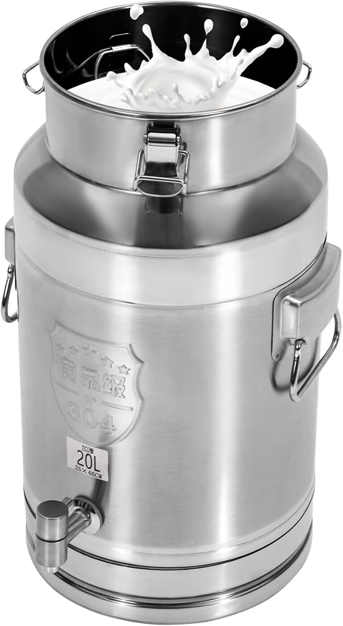 Milk Can Barrel Stainless Steel Beverage Drink Dispenser Large Capacity Storage Bucket Container with Faucet and Handles for Milk Coffee Wine Oil Rice Cereals Water (20L/5.28Gal)