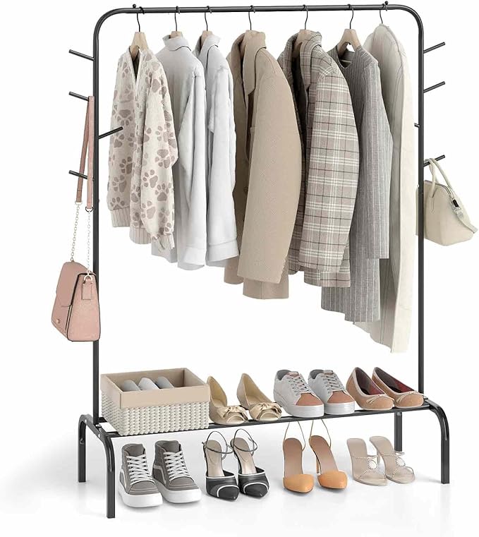 Giantex Clothes Rack for Hanging, 50" Wide Freestanding Garment Rack with Hanging Rod, 8 Hooks & Storage Shelf, Heavy-duty Metal Clothing Racks Wardrobe Organizer for Bedroom, Entryway, Laundry