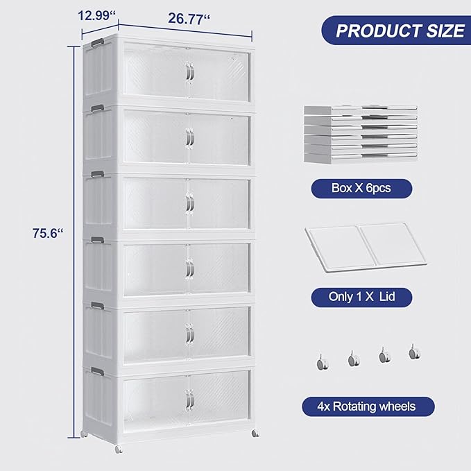 720QT Extra Large Stackable Storage Bins with Lid & Wheels & Doors, 180Gal Foldable Collapsible Closet Organizers, Plastic Cabinet Box Container Drawer for Home Kitchen Bedroom, 6Pack White